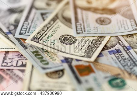 Money American Hundred Dollar Bills.closeup Of Assorted American Banknotes.us Currency Scattered On 