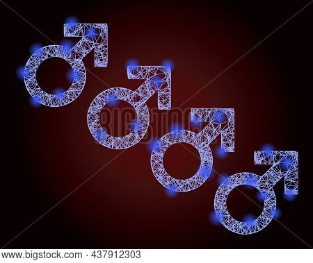 Sparkle Crossing Mesh Male Cohort Symbol With Light Spots On A Dark Red Gradient Background. Vector 