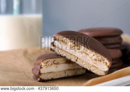 Tasty Choco Pies On Parchment Paper, Closeup View
