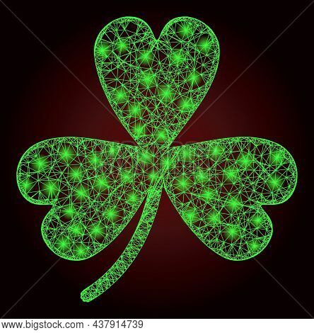 Glowing Net Clover Leaf With Lightspots On A Dark Red Gradient Background. Vector Frame Based On Clo