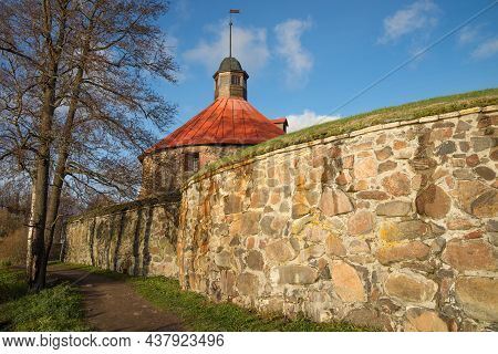At The Walls Of The Ancient Fortress Korela On A Sunny October Evening. Priozersk, Russia