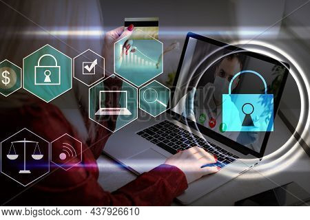 Digital Cybersecurity And Network Protection Concept. Virtual Locking Mechanism To Access Shared Res