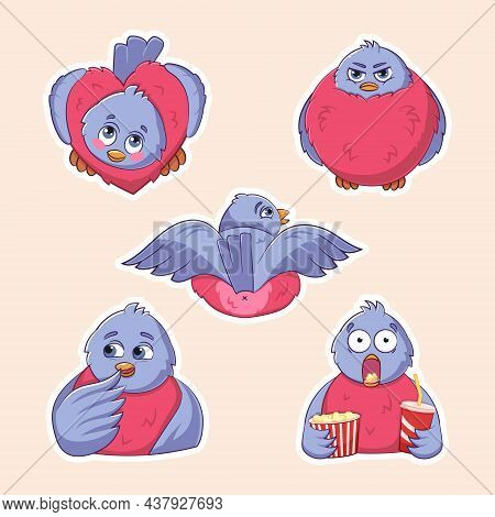 Vector Set Of Cute Funny Various Stickers Of Bird Bullfinchs. Different Emotions, Various Poses. Col