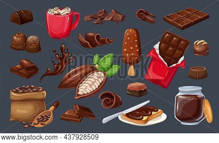 Chocolate Icon Set. Candy, Cocoa Beans, Popsicle, Chips, Chocolate Bar, Spred And Ets For Confection