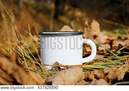 Hike Camping Or Travel Template Concept. Metallic White Mug Mock-up With Blank Space For Branding. C