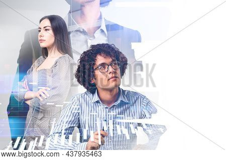 Thoughtful Business People Dreaming And Looking For Solutions In Abstract Office Space. Financial Ba