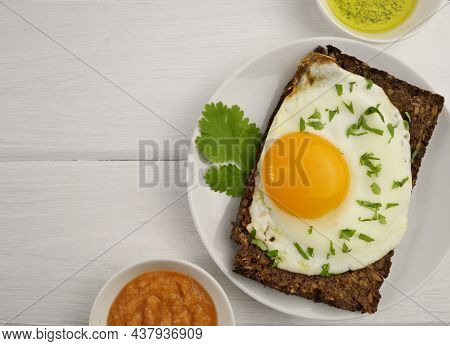 Fried Egg Sandwich. Tomato Sauce. Delicious And Healthy Breakfast. Snack. Olive Oil. Close-up. Top V