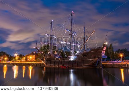 Honfleur, France - July 28, 2021: Night Scene With A Spanish Galley El Galeon, A Full-scale Reconstr