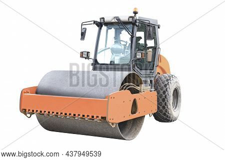 Heavy-duty Vibratory Roller For Asphalt Paving On White Isolated Background. Road Construction Equip