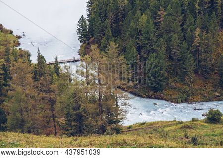 Beautiful Mountain Flowing River Amongst Forest And Mountains. Blue Kucherla River In Belukha Nation