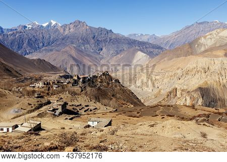 Jharkot Village View And Thapa Peak In The Himalayas. Mustang District, Nepal.