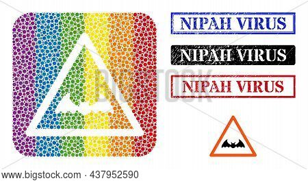 Dot Mosaic Bat Warning Stencil Pictogram For Lgbt, And Grunge Nipah Virus Stamps. Rectangle Seals In
