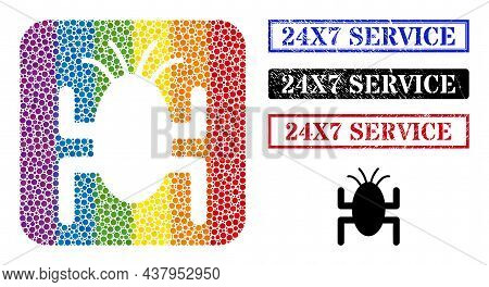 Dotted Mosaic Bug Tick Hole Pictogram For Lgbt, And Grunge 24x7 Service Seals. Rectangle Stamp Seals