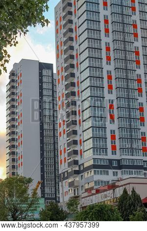 A Fragment Of The Construction Of A New Residential Complex Of A High-rise Building In White With Ve