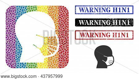 Dotted Mosaic Masked Man Profile Hole Icon For Lgbt, And Grunge Warning H1n1 Seals. Rectangle Stamp 