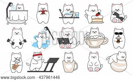 Collection Of Different Cute Little Cats On A White Background. Kawaii Set Of Funny Animal Character