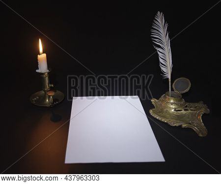 Decorative Inkwell And Candlestick. Styling Writing Instruments. Candle, Pen, Blank Sheet Of Paper. 
