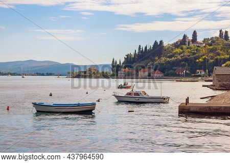 Autumn Mediterranean Landscape. Montenegro, Adriatic Sea. View Kotor Bay And Kamenari Town ( Herceg 