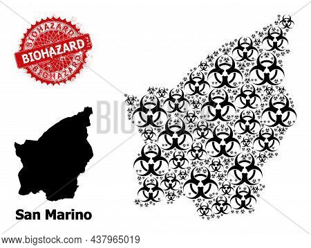 Distress Biohazard Stamp Seal, And San Marino Map Mosaic Of Biohazard Icons. Red Round Stamp Seal Ha