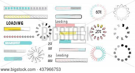 Loading Progress Bar Vector Style In Doodle Style. Updated Progress Circle Bar Icons. Loader Button.