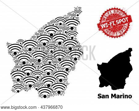 Textured Wi-fi Spot Stamp Seal, And San Marino Map Mosaic Of Wi-fi Source Icons. Red Round Stamp Inc