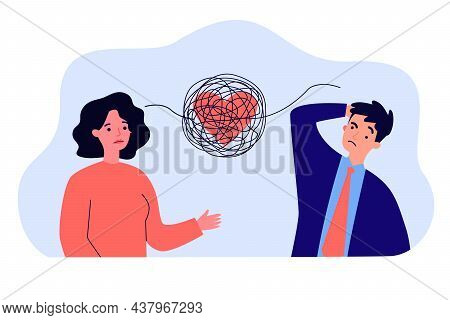 Tangled Thread With Heart Between Sad Couple In Stress. Bad Communication Of Man And Woman Flat Vect