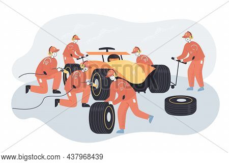 Car Repair At Sport Races By Professional Team Of Mechanics. Racer And Technicians In Uniform Repair