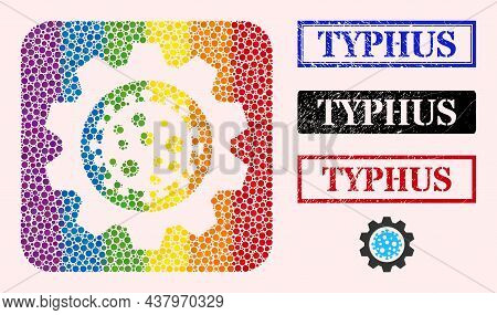 Dotted Mosaic Virus Gear Carved Pictogram For Lgbt, And Grunge Typhus Stamps. Rectangle Stamps Conta