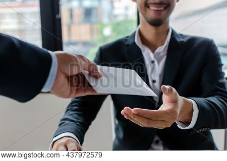 Bonus. Boss Giving Money Bonus In Paper Envelope To Business Man Worker Employee For Increasing Of S