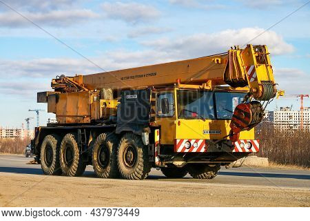 Novyy Urengoy, Russia - May 8, 2021: Heavy Industrial Mobile Crane Liebherr In A City Street.
