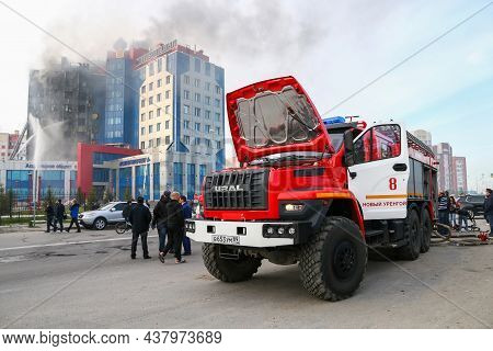 Novyy Urengoy, Russia - June 24, 2021: Firetruck Ural 4320 Next Takes Part In The Extinguishing Of T