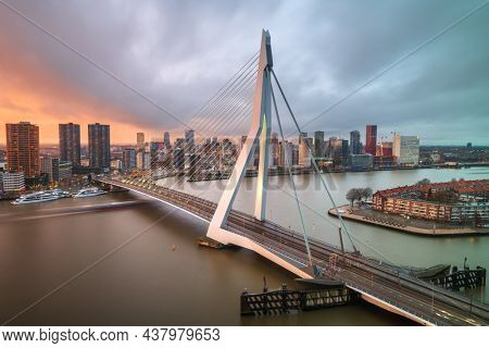 Rotterdam, Netherlands, city skyline at twilight.
