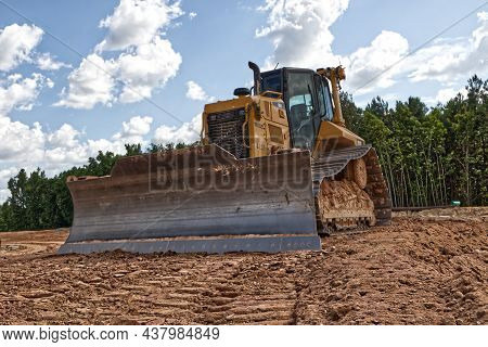 Augusta, Ga Usa - 09 10 21: Construction Site Yancy Bull Dozier Front Corner Closeup