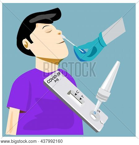 Illustration Of Swab Testing For Covid-19 On A Green Background, Doctor Nurse People Can Use For Exa