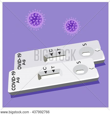 Vector Illustration Of Covid-19, Antigen Test Kit (atk) \nwith A Nasal Swab. Reagent And Virus In Th