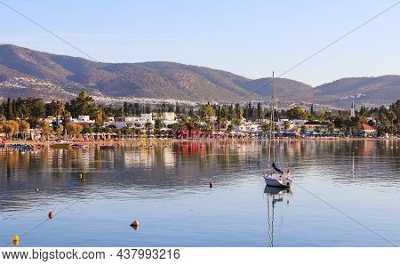 Bitez, Bodrum, Turkey - October 7, 2021. A Beautiful Seaside With A Sandy Beach On The Aegean Sea