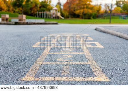 School Yard And Playground For Elementary Students In Evening In Fall Season. Selective Focus On Hop