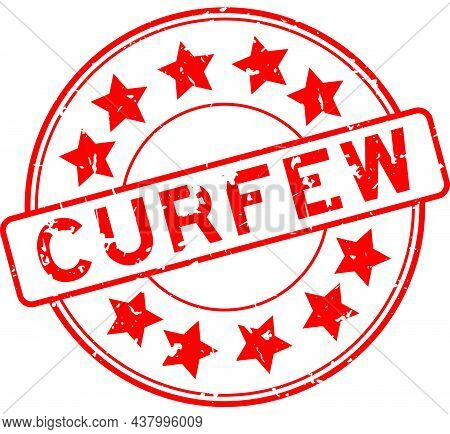 Grunge Red Curfew Word With Star Icon Round Rubber Seal Stamp On White Background