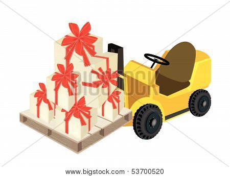Forklift Truck Loading A Stack Of Gift Boxes