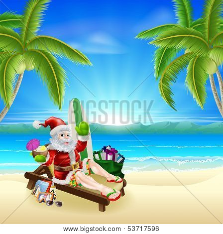 Santa Relaxing On Hot Sunny Beach