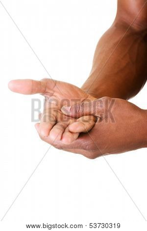 Man rubbs his hands. Closeup. Isolated on white. 