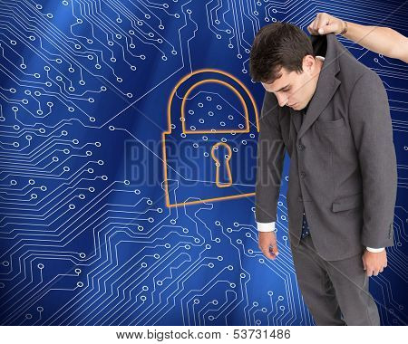 Composite image of businessman hanging 