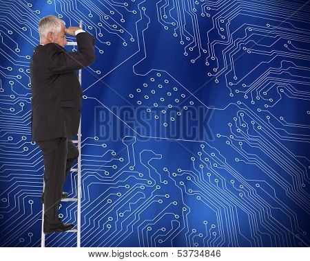 Composite image of mature businessman standing on ladder watching