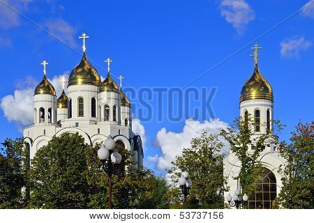 Glow Golden Crosses. Cathedral Of Christ The Savior, Kaliningrad, Russia