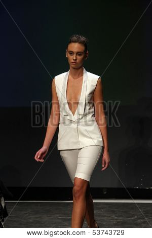 ZAGREB, CROATIA - NOVEMBER 07: Fashion model wearing clothes designed by Nives Bosnjak on the Fashion Wardrobe show on November 07, 2013 in Zagreb, Croatia.
