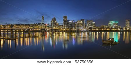 Portland Downtown With Hawthorne Bridge At Blue Hour