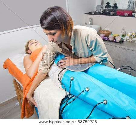 Legs Pressotherapy Machine On Woman In Beauty Center