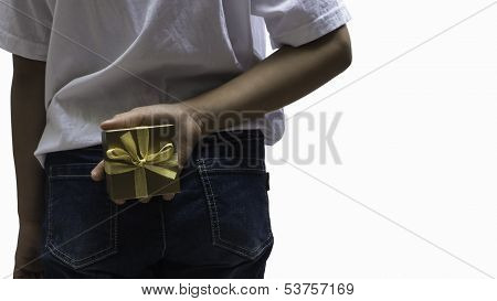 Surprise By Giving Gold Gift Box With Gold Ribbon On Valentine Day