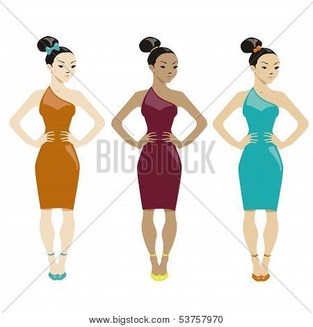 Three Women In Dresses On White Background