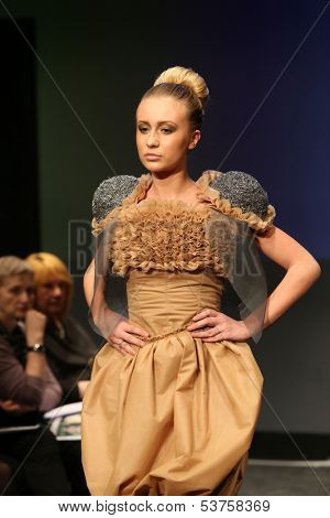 ZAGREB, CROATIA - NOVEMBER 07: Fashion model wearing clothes designed by Radetic and Topalovic on the Fashion Wardrobe show on November 07, 2013 in Zagreb, Croatia.